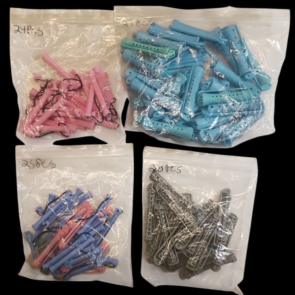 LOT OF 100: Vintage Swing Arm Plastic Perm Rollers Hair Curlers + Clips & Pins